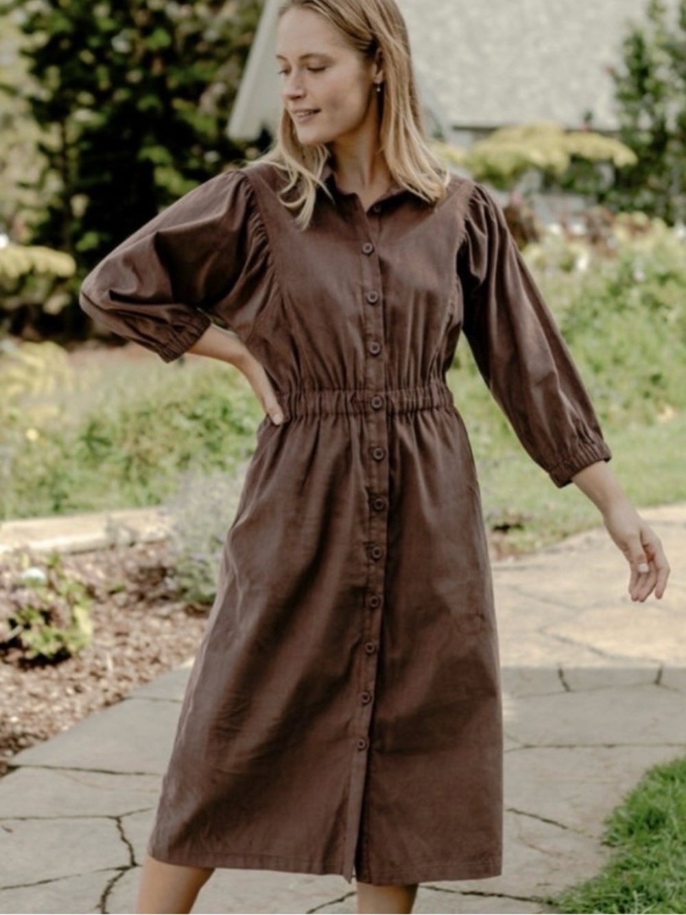 Neuflora Brown Corduroy Midi Dress Medium